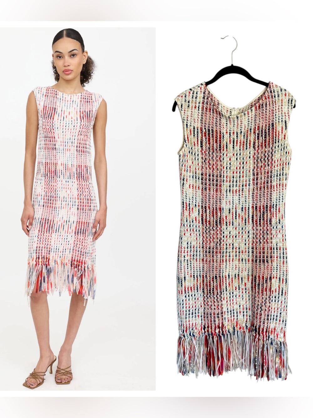 St. John ribbon knit fringe multicolor sheath dress textured boucle designer 6